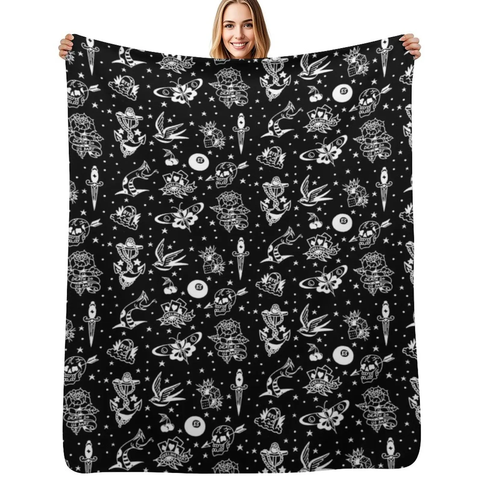 

Sailor Jerry tattoo flash sheet Throw Blanket Soft Solid Color Blanket for Couch Bed