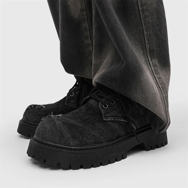 

Men's Distressed Denim Platform Round Toe Derby Shoes Casual Big Head Leather Shoes Niche Avant-Garde Streetwear Shoes for Mens