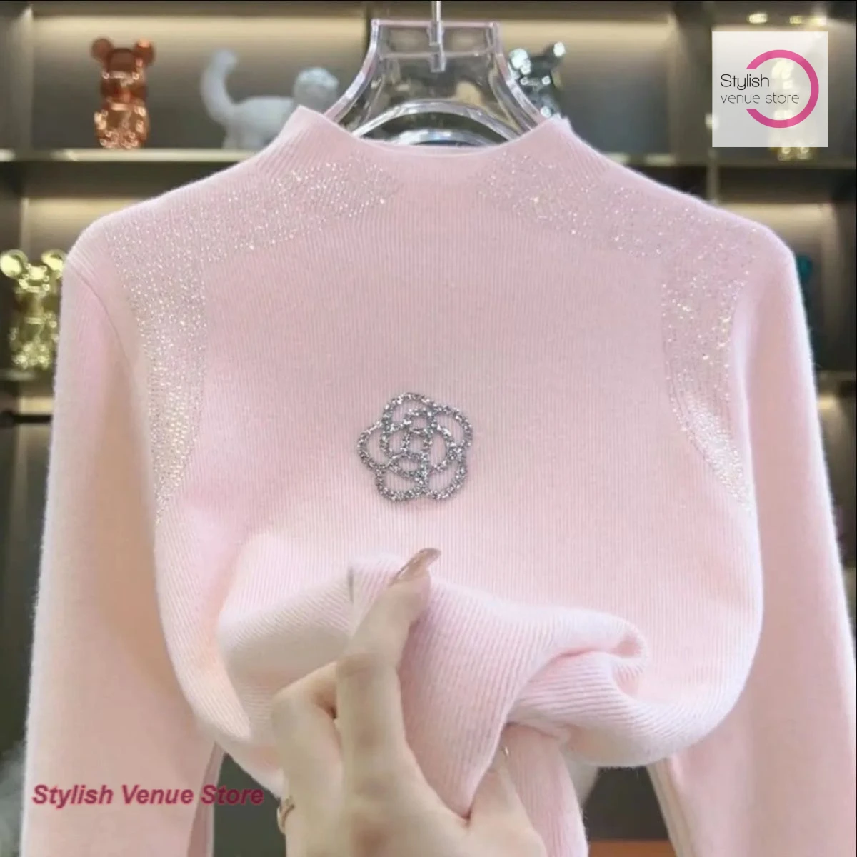 

French style fashion heavy industry rhinestone semi-high neck knitted bottoming shirt women's autumn and winter new sweater tops