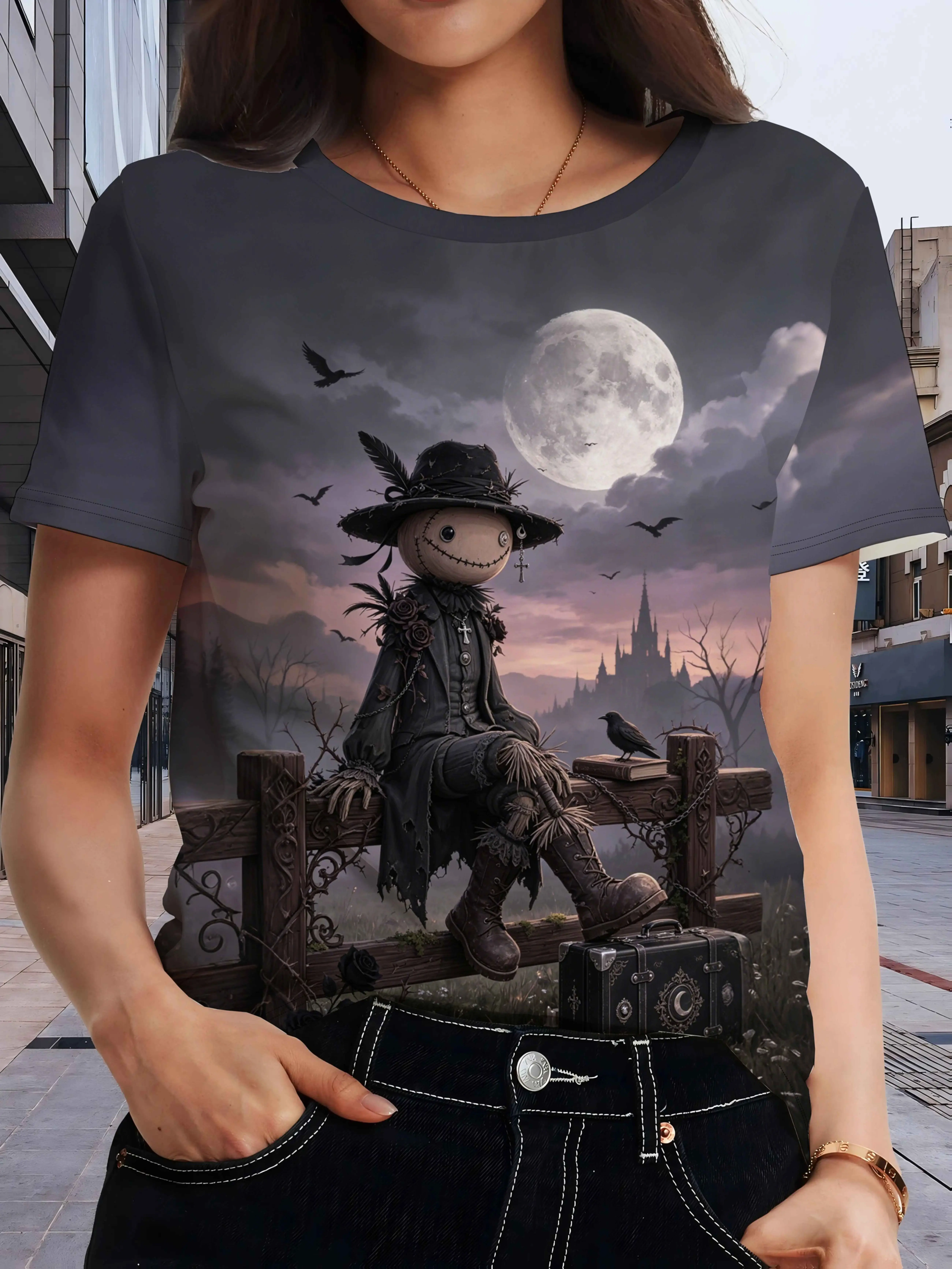 Women's T-shirt Halloween Scarecrow Full Moon Castle Crow Print Round Neck Short Sleeve Dark Gothic Style Summer Ladies Clothing