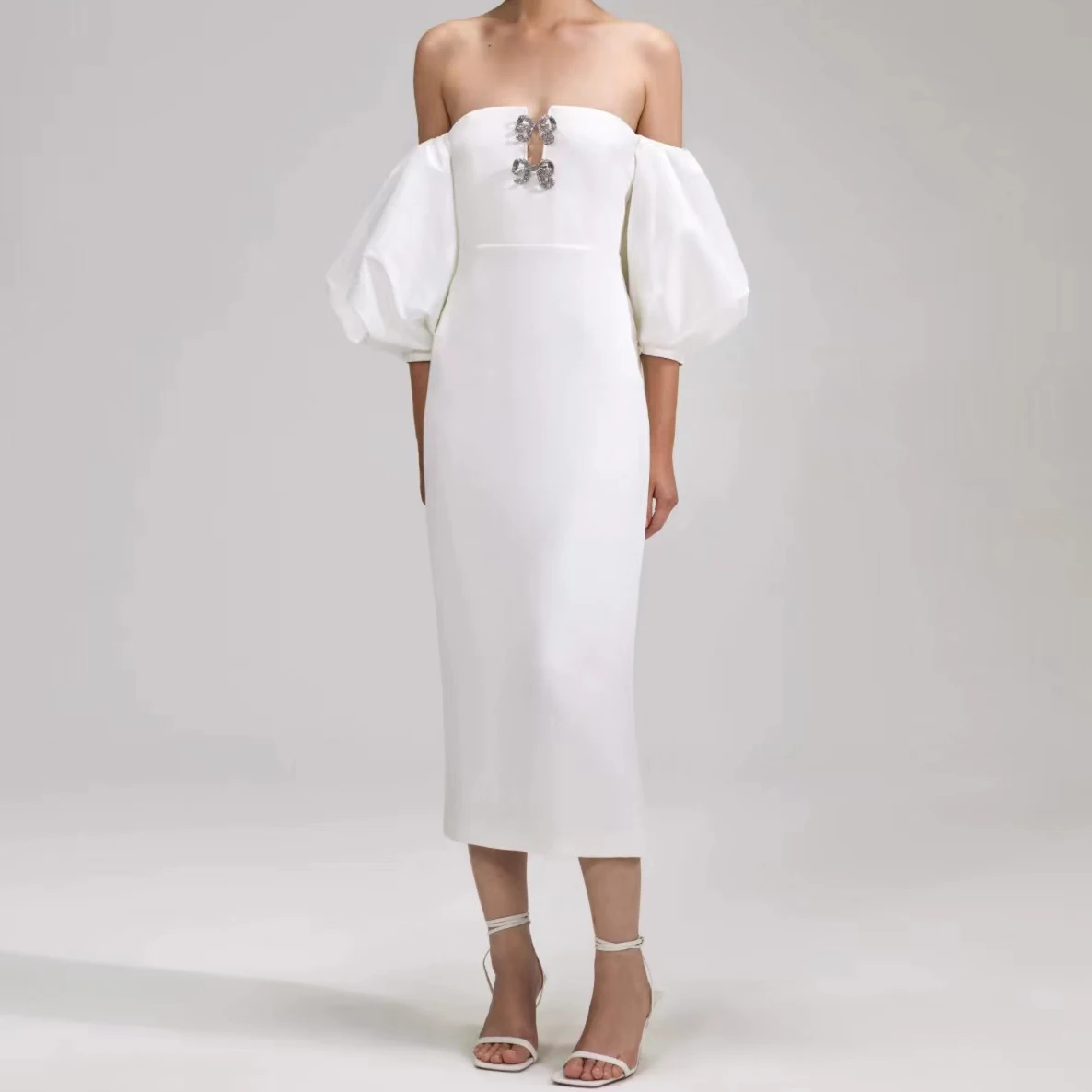 

2023 NEW women white midi dress slash neck puff sleeve temperament lady long dress