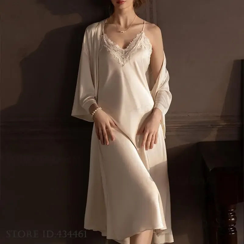 

Female Long Twinset Robe Set Elegant White Silk Satin Sleepwear Nightgown Sexy Lace Suspender Nightdress Loungewear Home Dress