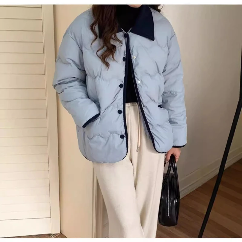 

Cotton-padded Women's Short Design Sense Contrast Lapel Loose Bread Clothing Winter College Wind Coat Cotton-padded Jacket