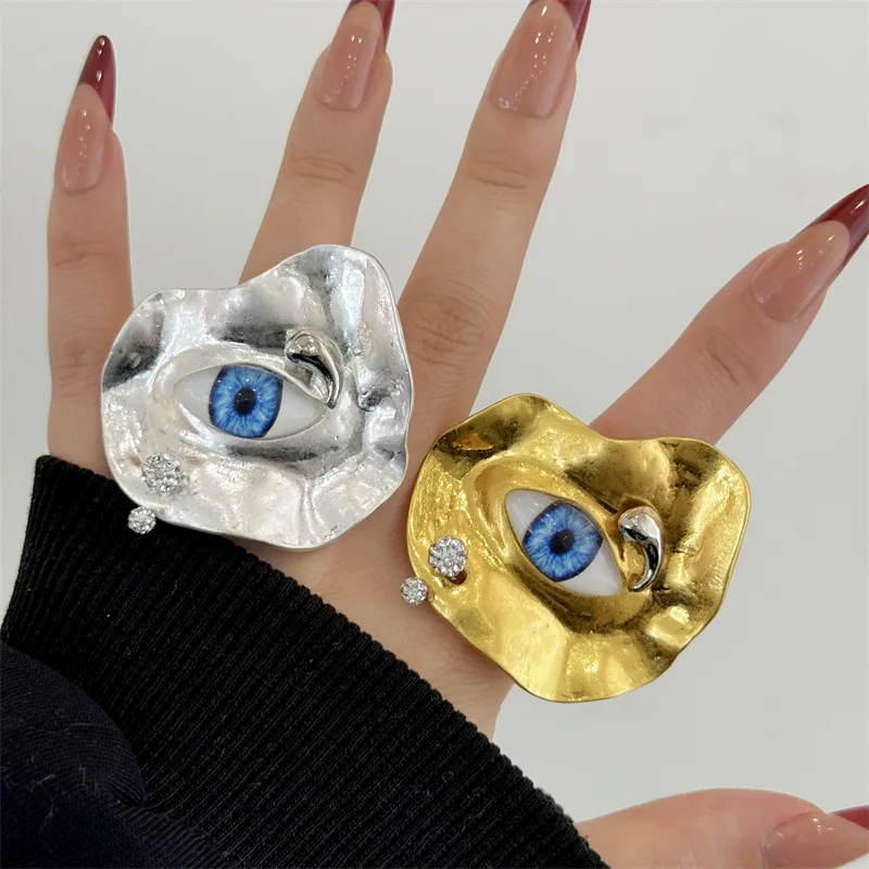 Vintage Distressed Adjustable Open Face Ring Unisex Realistic Human Eye Face Design Unique Personality Statement Finger Jewelry