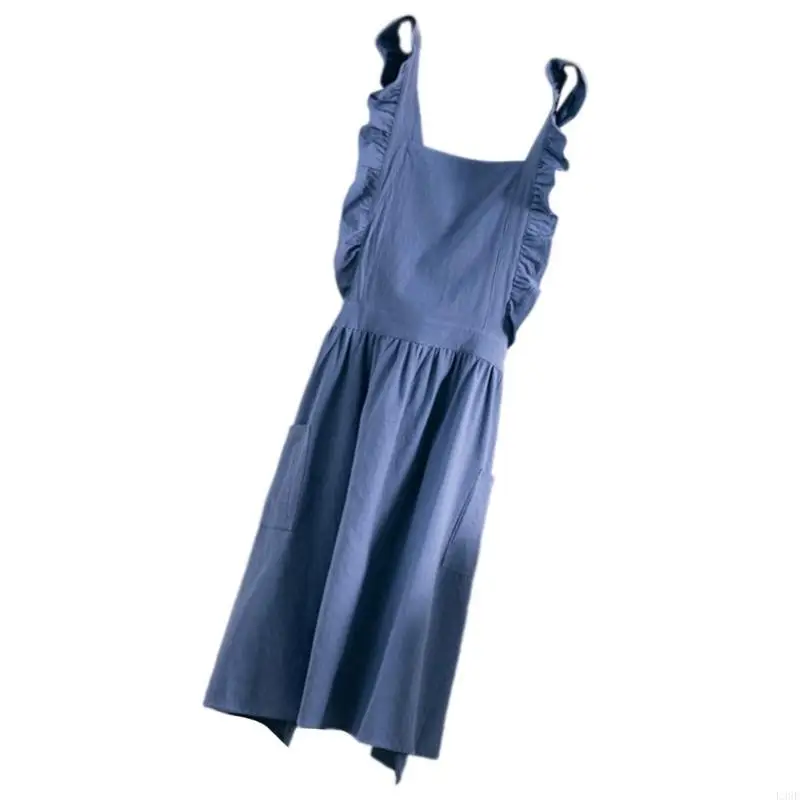 L38E Japanese Cotton Apron with Elegant Ruffled and Adjustable Strap Baking Apron for Culinary and Artistic Pursuits