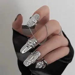 Korean Style Fingertip Ring Irregular Metal Silver Color Finger Ring Set Women Alloy Finger Cot Chain Nail Ring Party Jewelry