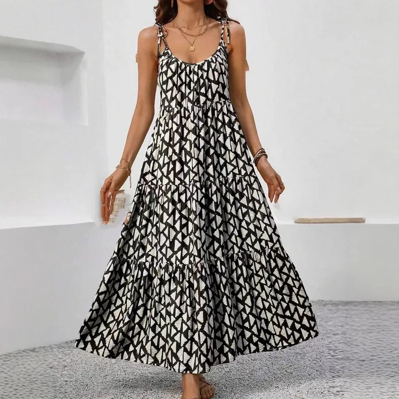 

Women Triangle Print Strapless Dress Tiered Ruffle Cake Skirt Floral Summer Beach Party Mini Dress Casual Sleeveless Chiffon