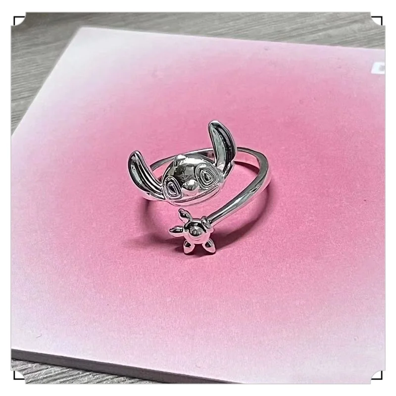 Disney Interstellar Baby Kawaii Stitch Hug Hands Cartoon Cute Fashion Best Friend Birthday Gift Silver Opening Couple Ring Gifts