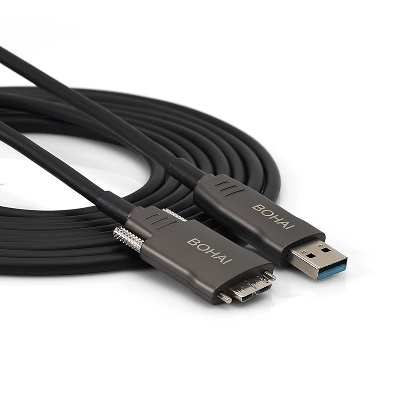 USB3.0 to Micro B Fiber Optic Cable for Machine Vision Industrial Cameras, High Flex Drag Chain with Locking Screws, 10Gbps