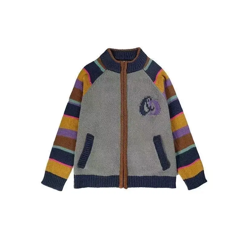 

Rainbow Clashing Stripes Soft Sweater Women Winter Loose American Vintage Knitted Cardigan Jacket