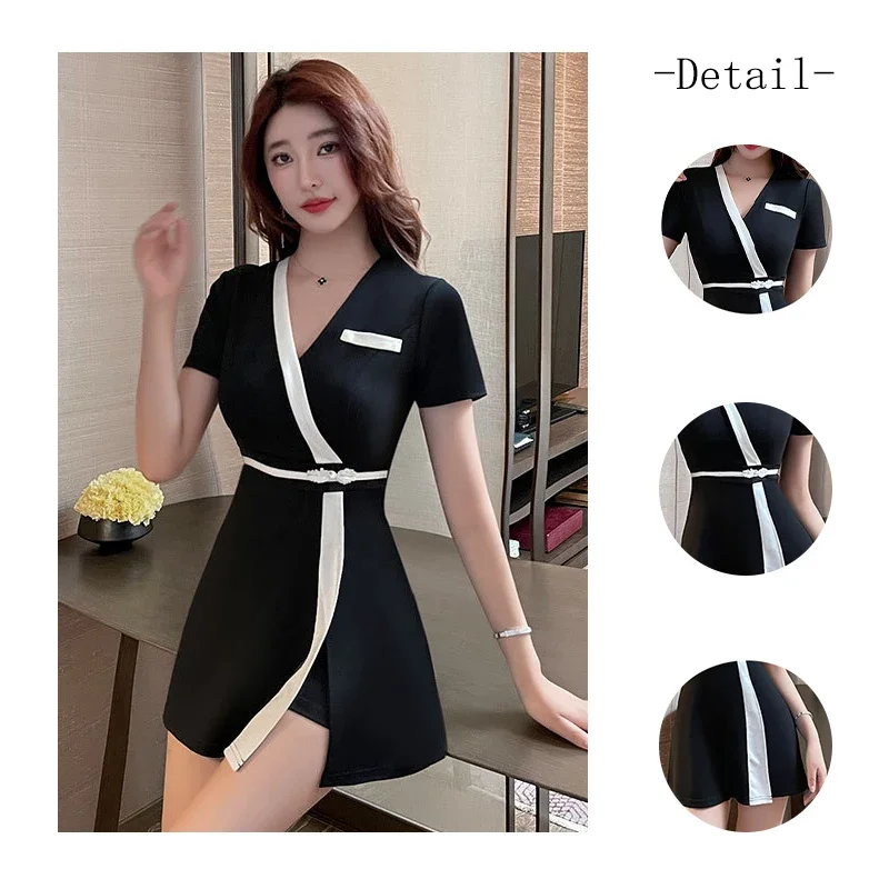 Pediluvio Abiti da lavoro per Femail Spa Tecnico Abbigliamento da lavoro Estetista Massaggio Sauna Uniforme Abito nero Set Contiene pantaloncini