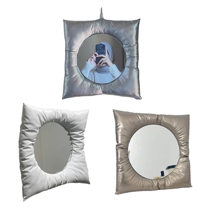 

Wall Mounted Square Makeup Mirror - Metal Style Pillow Design Mirror, Creative Ins Wall Decor for Home Bedroom Bathroom Vanity
