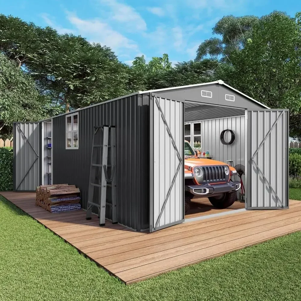 10x14x6.7ft Galvanized Steel Outdoor Shed - Lockable Door & Window, Weatherproof Garden Storage