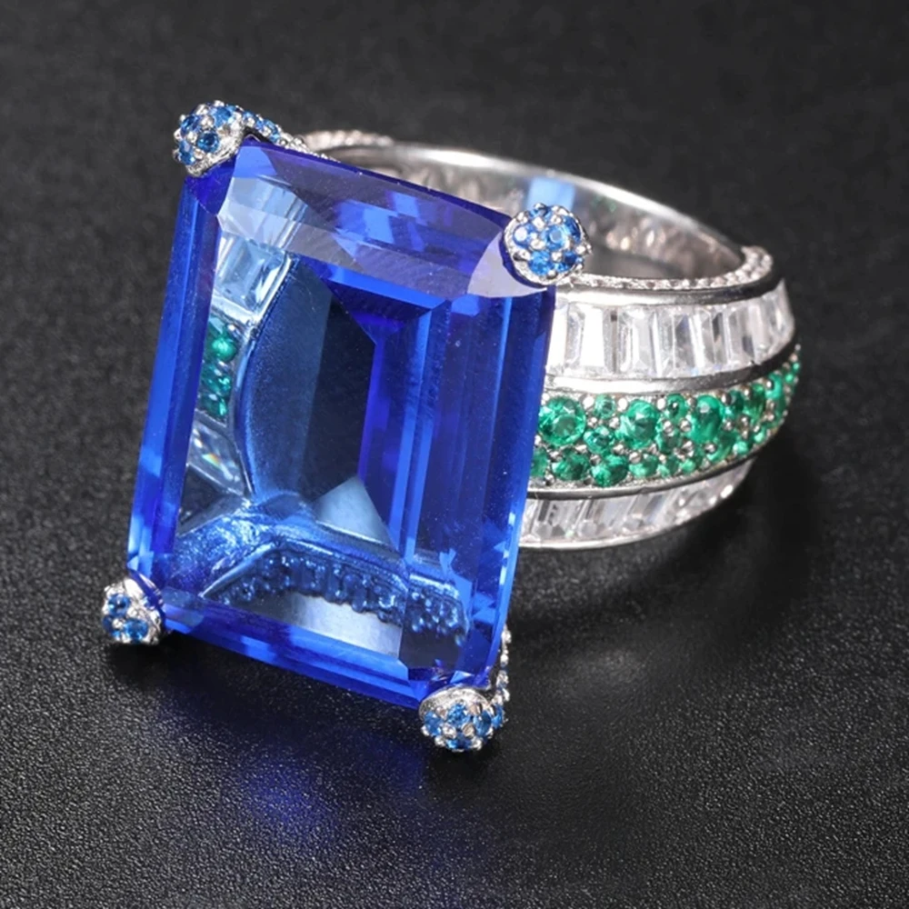 ARIGAYA High Craft 925 Sterling Silver With Large Rectangle Created Blue Sapphire Gemstones Rings Women Luxury Fine Jewelry