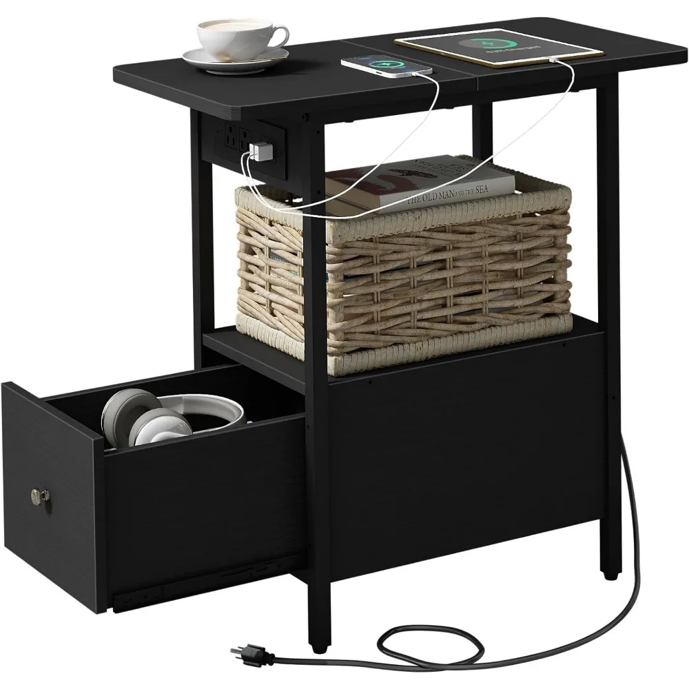 End Table with Charging Station, Narrow Side Table with Drawer and USB Ports & Power Outlets, Nightstand Bedside Tables