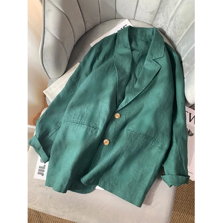 

Женский хлопково-льняной костюм-пиджак Ele: весенне-осенний, свободный, повседневный, с длинным рукавом, классический, для офиса и поездок, однотонный