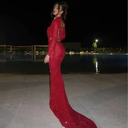 Shiny Red Sequins Mermaid Prom Dresses Long Sleeves High Neck Sexy Backless Evening Party Dress 2025 New Formal Occasion Gowns