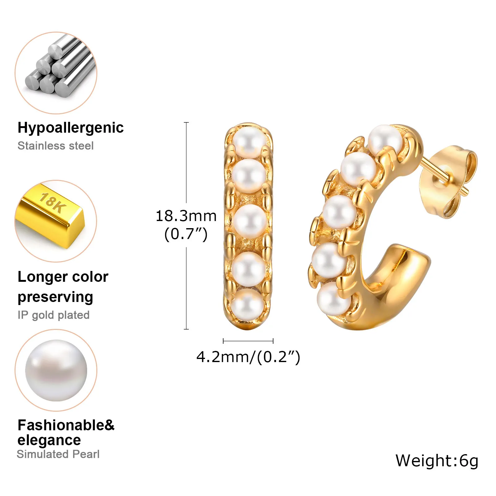 Brincos argolas em forma de Vnox-C para mulheres, banhado a ouro, Metal Huggies, pérola simulada, brincos elegantes