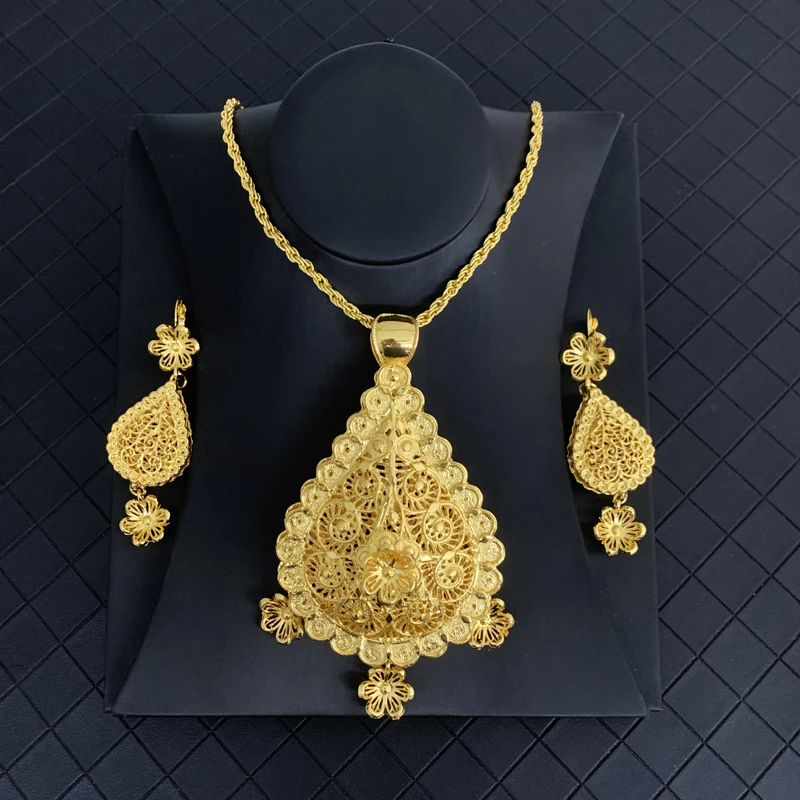 

Luxury Gold Plated Necklace/Earrings Set for Women Arabic Trendy Water Drop Hollow Flower Bridal Jewelry Sets Bijoux Women