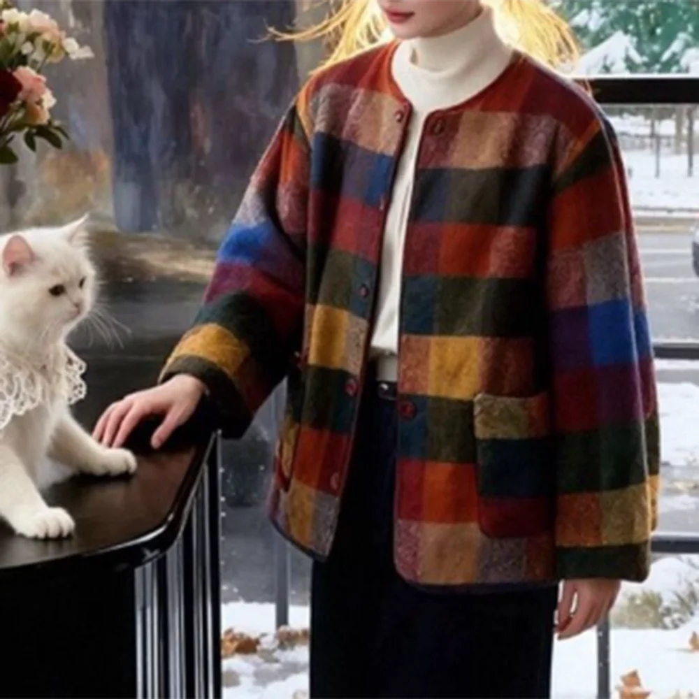 Padded jacket autumn and winter with Korean retro niche color plaid warm woolen coat British style   harajuku