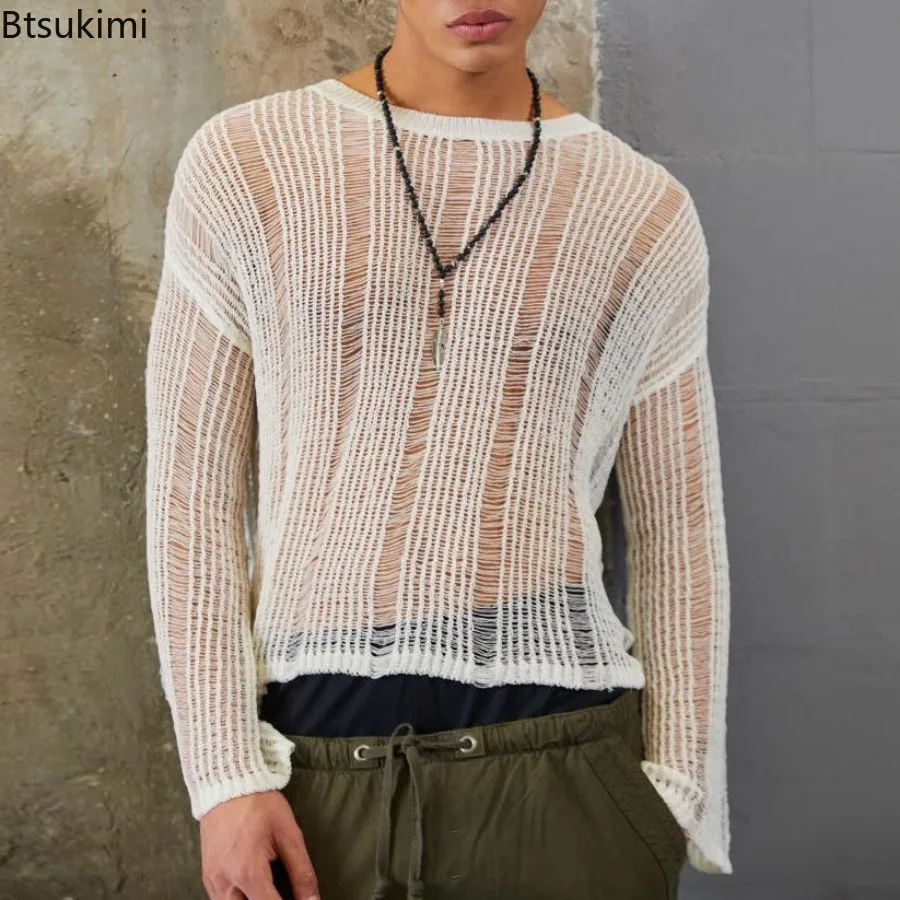 Men's Spring Autumn Sweater Woven Solid Color Mesh Sweater Knit Loose T-Shirt Long Sleeve Sexy T-shirt Fashionable Versatile Top