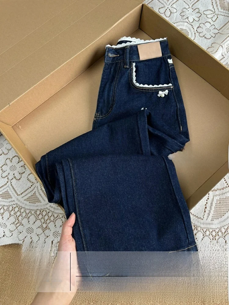 

Женские джинсы с высокой талией, широкими штанинами, синие, из денима, свободного прямого кроя, длинные брюки, весенняя коллекция, с дизайнерским акцентом