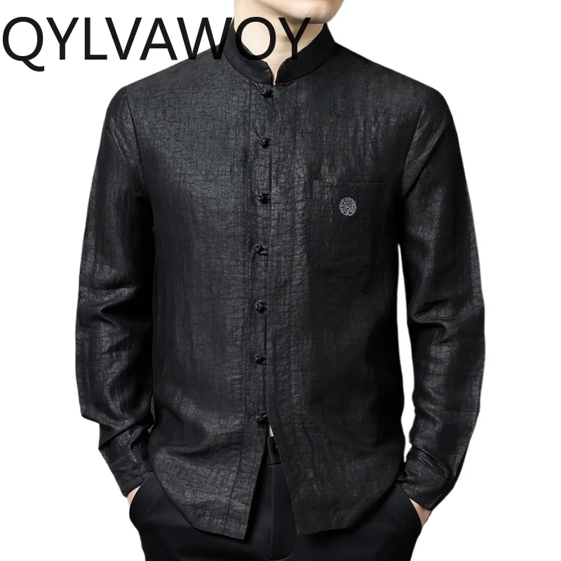 

QYLVAWOY 100% Natural Mulberry Silk Men's Shirts New Spring Tops Long Sleeves Shirts Stand Collar Chinese Shirts for Men Vintage