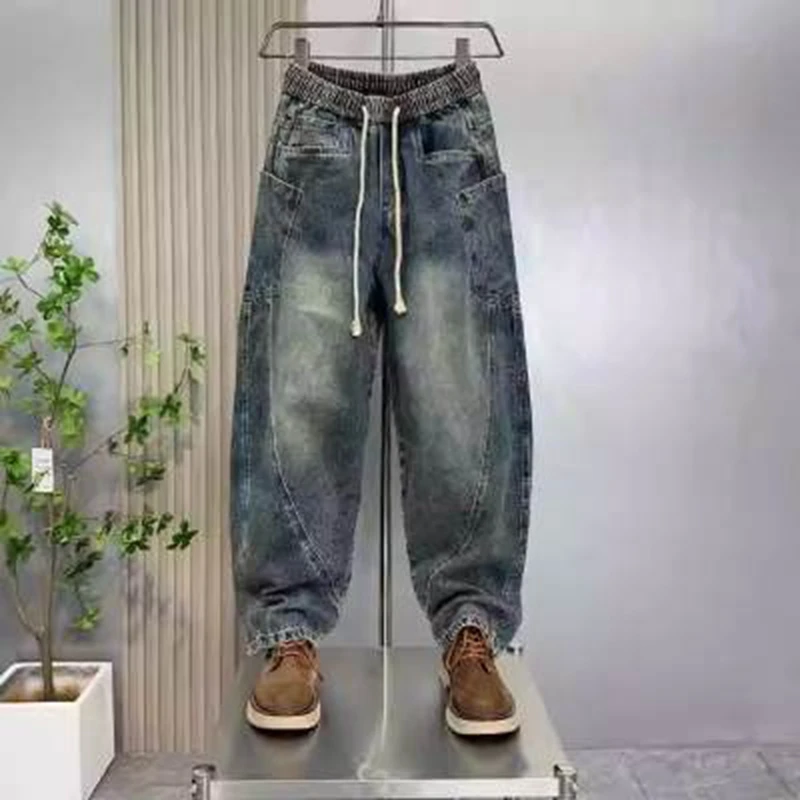 American Retro Washed Distressed Scimitar Jeans Loose Straight Wide-leg Jeans Drawstring Luxury Brand Men's Clothing