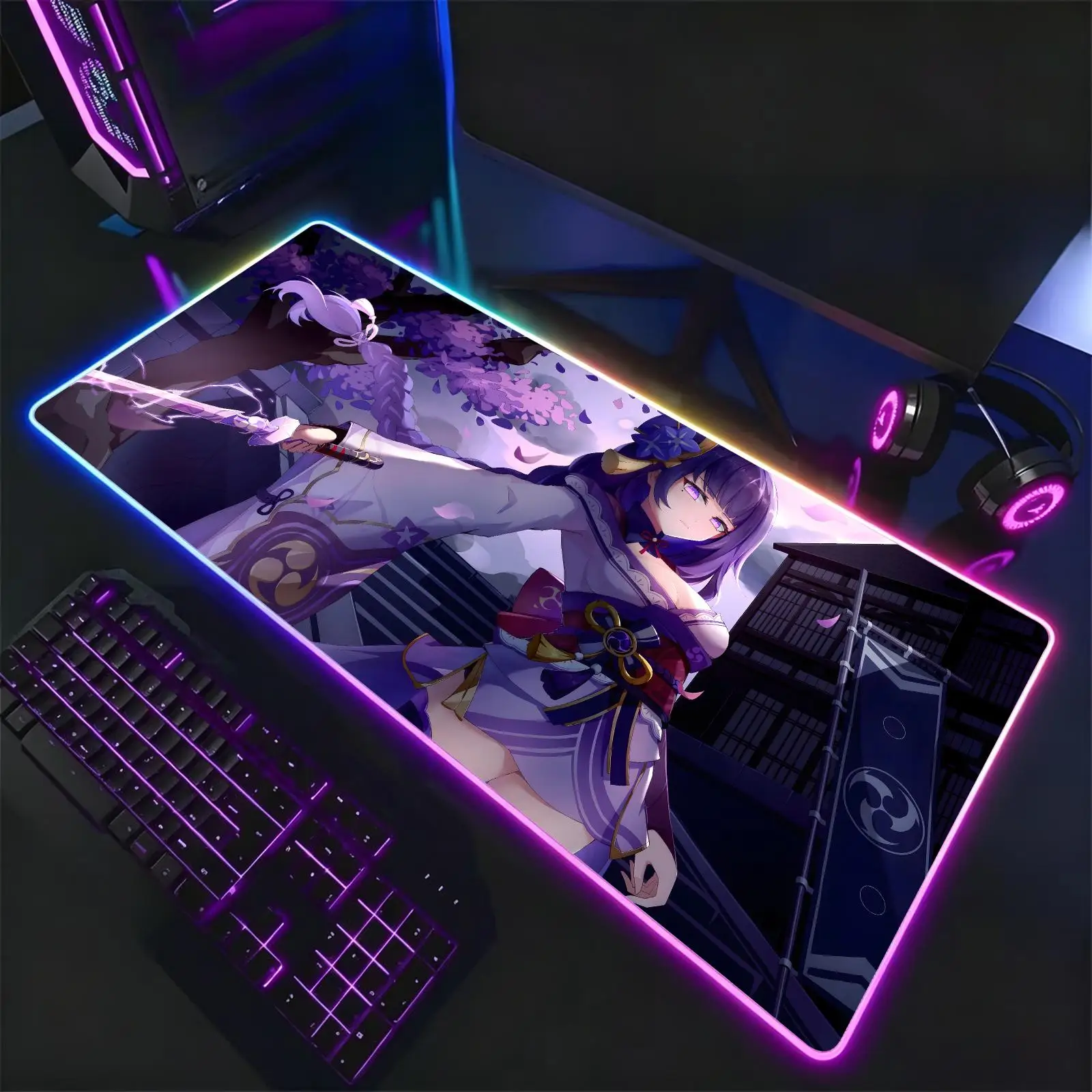 Mouse Pad RGB Color Changing Gaming Mouse Pad, Stitched Edges, XXL Large Keyboard Desk Mat Genshin Impact Raiden Shogun