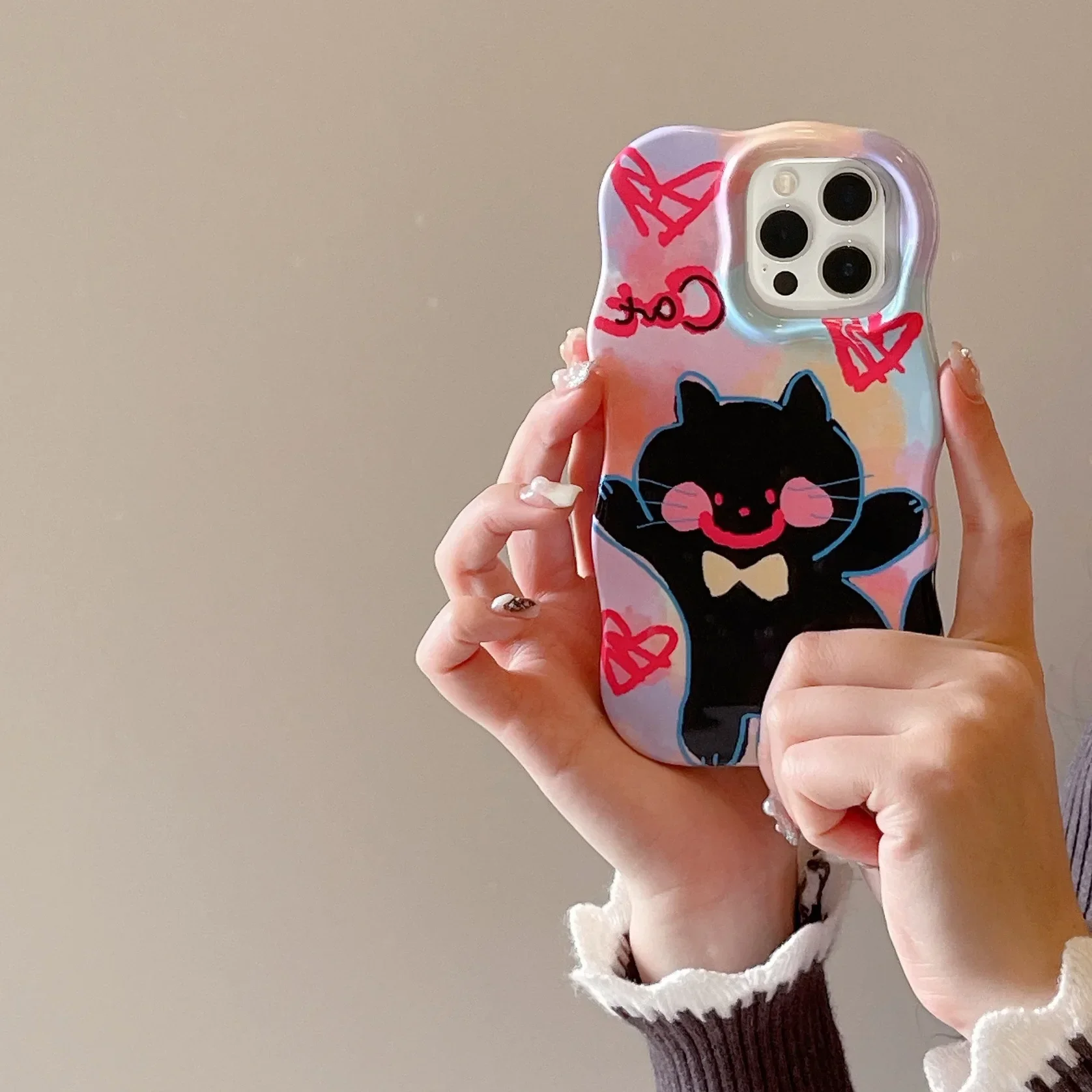 Funny Black Cat Graffiti kitten Phone Case For iPhone 16 15 14 13 12 11 Pro Max Case Cute Retro Cartoon luxury shockproof Cover