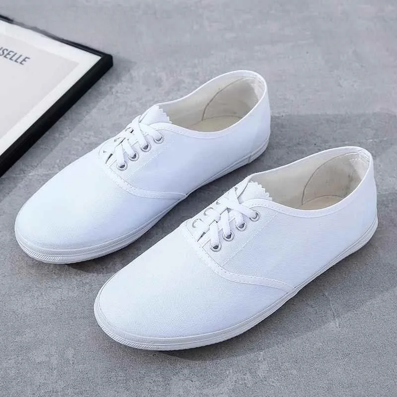 

White Canvas Shoes Unisex Morning Exercise Martial Arts Nurse Work Shoe Breathable Flat Heel Low Cut Casual Style Rubber Sole