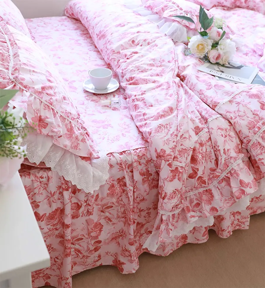 Romantic fairyfair red floral bedding set girl,full queen king lace ruffle cotton home textile bedspread pillow case quilt cover