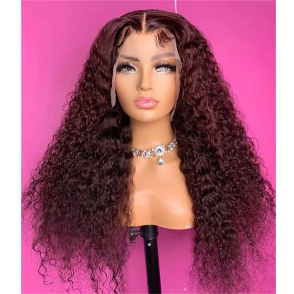 26 Zoll lange 180 Dichte verworrene lockige weiche Burgunderrote tiefe Spitze-Front-Perücke für Frauen, Babyhaar, ohne Kleber, täglich vorgezupft