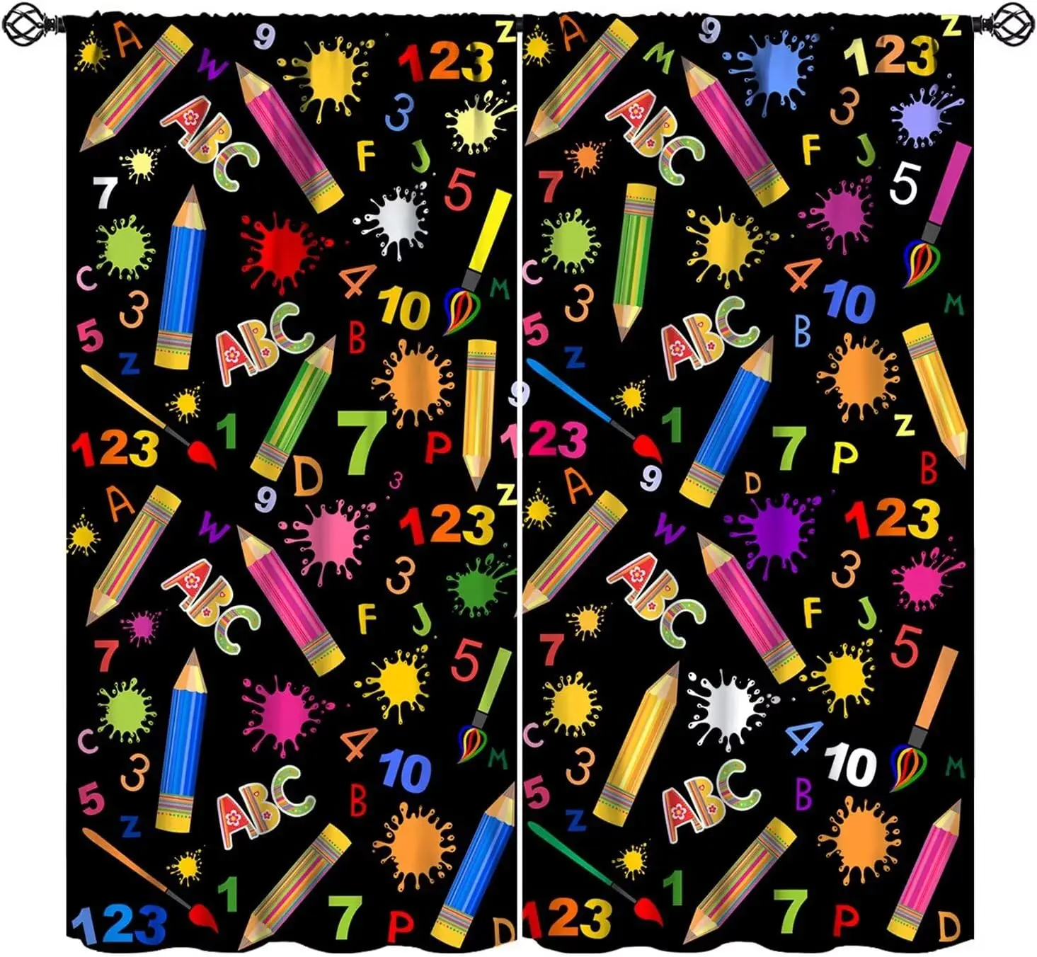 Colorful Doodle ABC Number School Supply Curtains, Cute Stationery Print 2 Panels Drapes for Kids Bedroom Classroom Decor