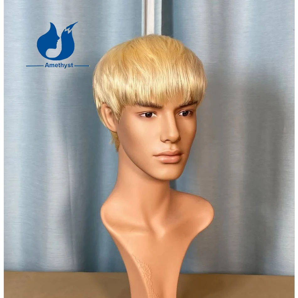 جمشت شقراء 613 مستقيم قصير عابث قطع شعر مستعار مع الانفجارات حلق الجانبين والسوالف شعر مستعار دانتيل كامل للرجال ريمي الشعر البرازيلي