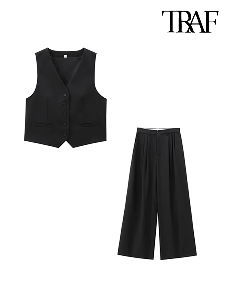 TRAF Women Fashion With Tab Front Button Waistcoat And High Waist Double Double Pleat Trousers Female Two Piece Sets Mujer