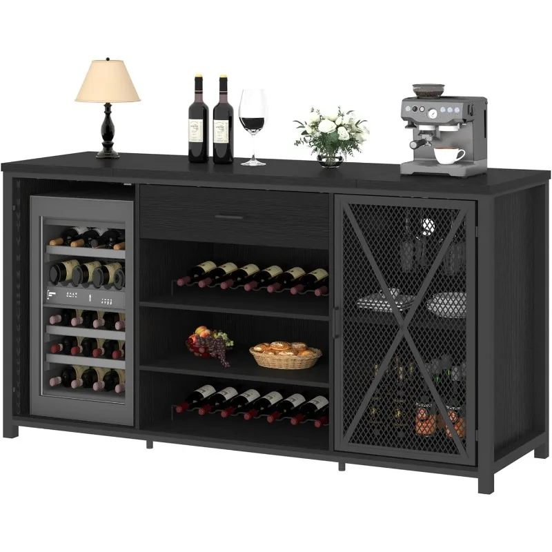 Langer Kaffee-Barschrank mit Kühlschrankraum, moderner großer Wein- und Spirituosenschrank aus Holz und Metall mit Gestell, großes breites Sideboard-Buffet