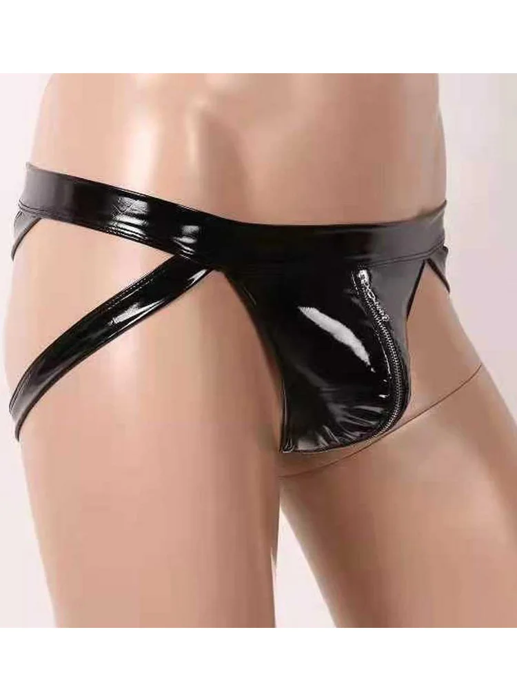 S-3XL Wet Look PVC Convex Pouch Mens Bikini Briefs Shiny PU Leather Zipper Open Crotch Jockstrap Slips Sexy Calzoncillos Ropa