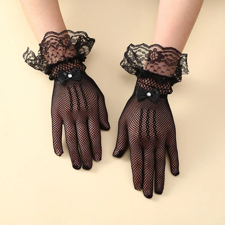 Gloves Wedding Bridal Lace Net Rhinestone Bow Elastic Cutout White Lightweight Elegant Formal Ceremony Banquet Accessory