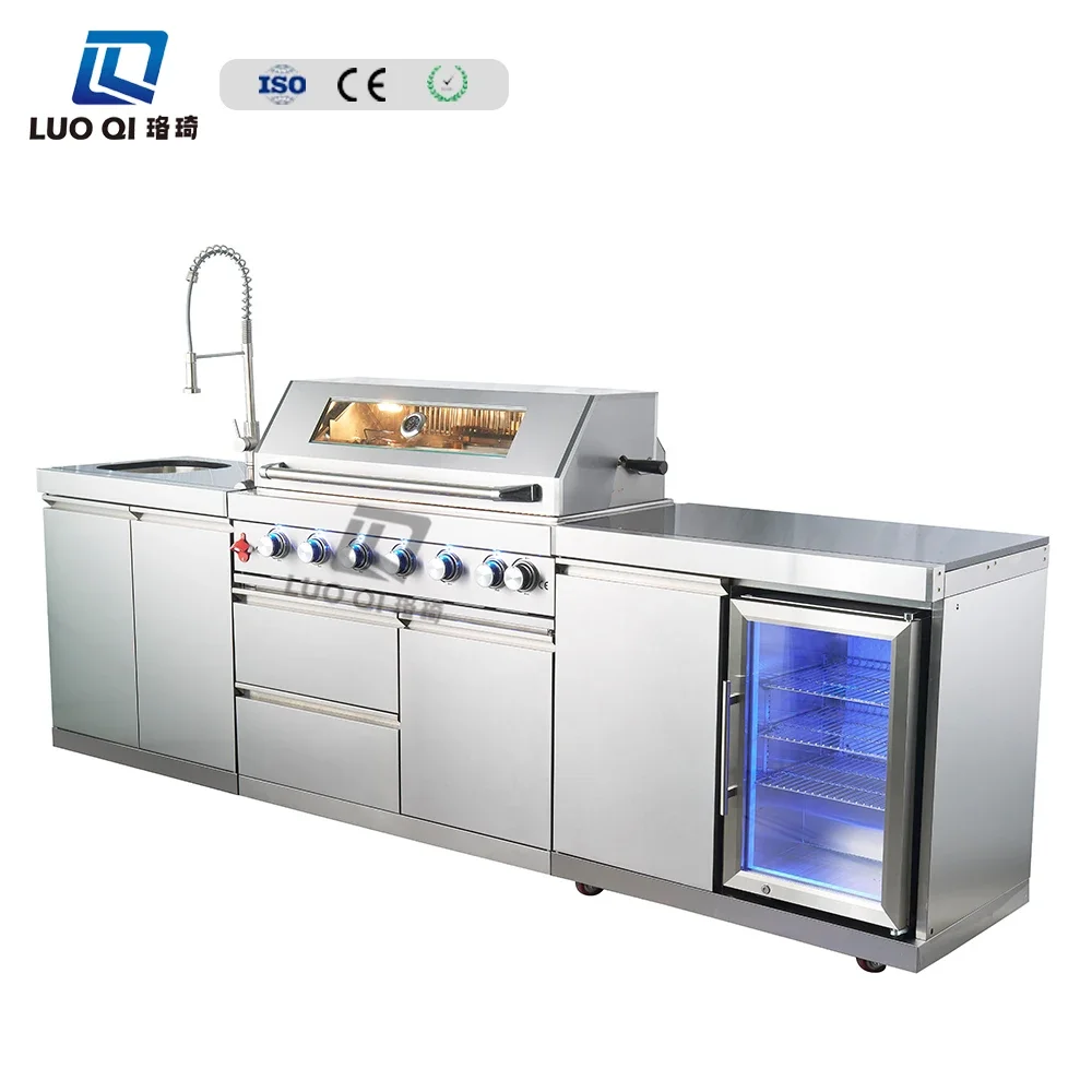 2024 خزانة مطبخ خارجية ذات نوعية جيدة من الفولاذ المقاوم للصدأ شوايات غاز مدمجة شريحة لحم تسخين سريع شواية خارجية مع حوض