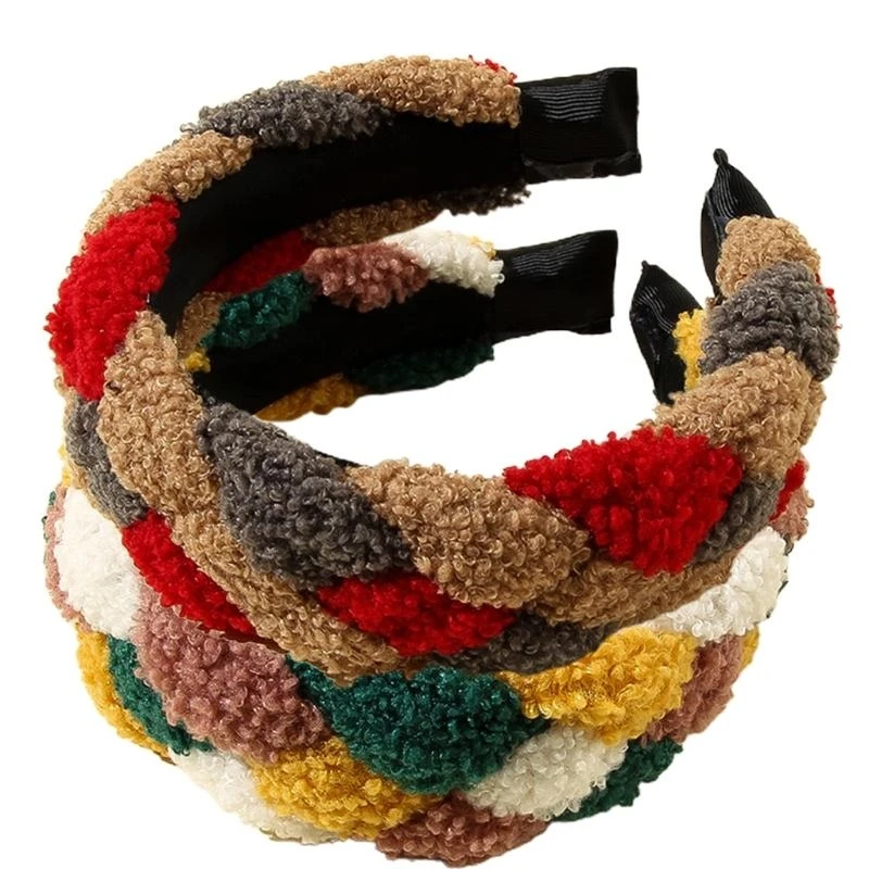 G92D Women Winter Twist Braided Faux Fleece Headband Ethnic Vintage Contrast Colored Wide Hair Hoop Wash Face Makeup Outdoor