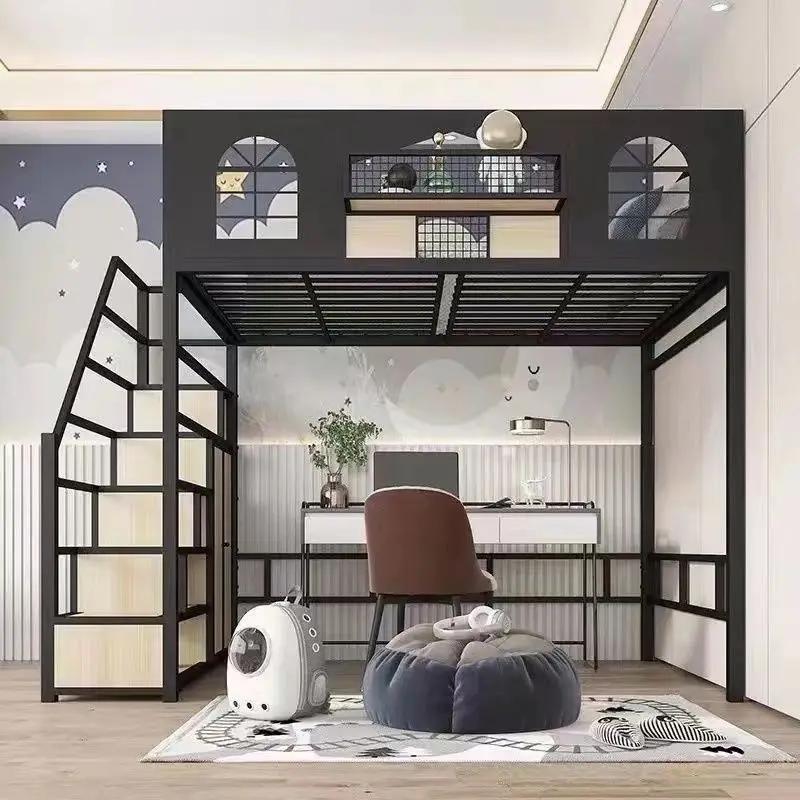 Nordic small apartment children's sheet upper layer saves space high and low bed lower table iron frame wrought iron