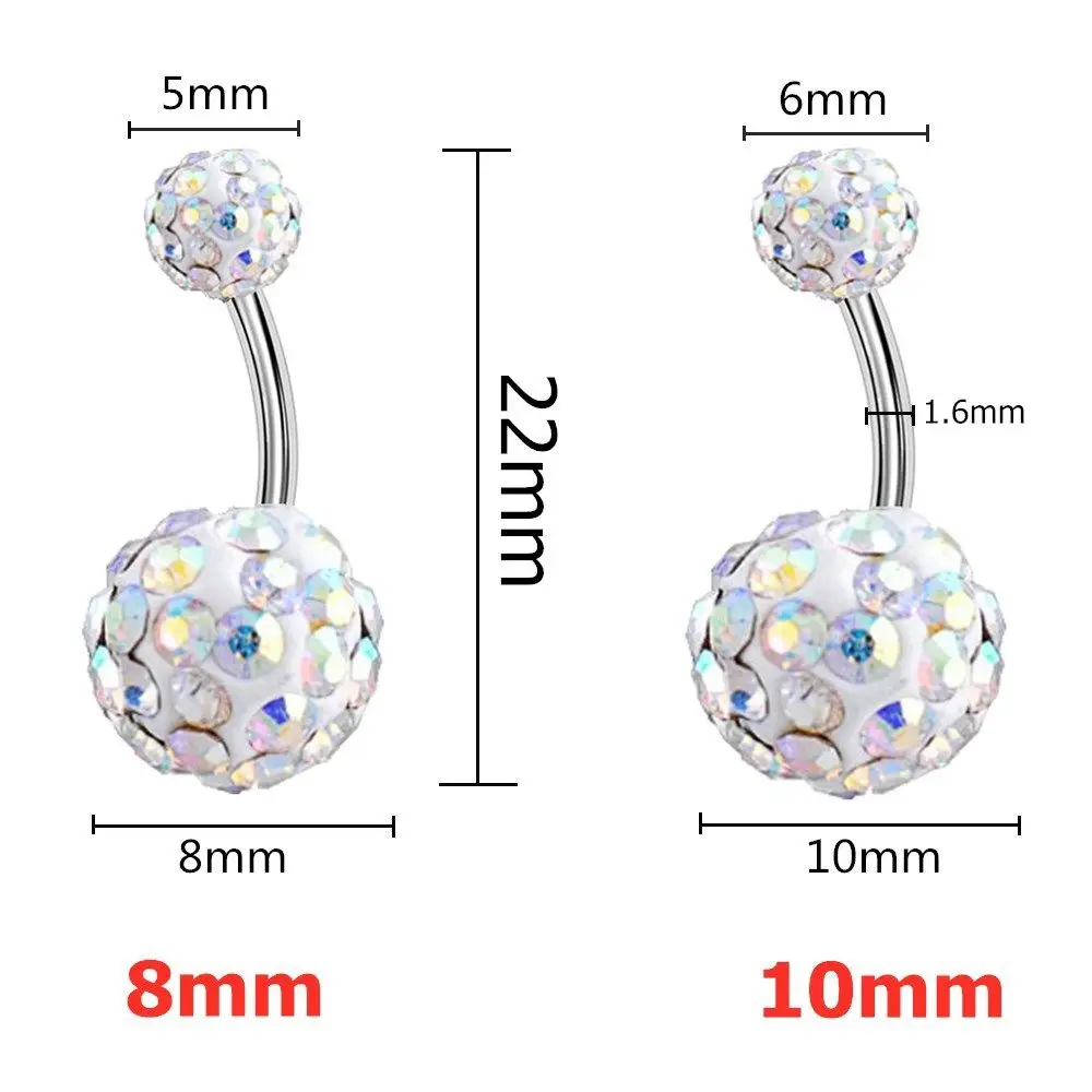 Crystal Balls Body Piercing Jewelry 8/10mm Belly Bar Navel Ring Stainless Steel Belly Button Ring