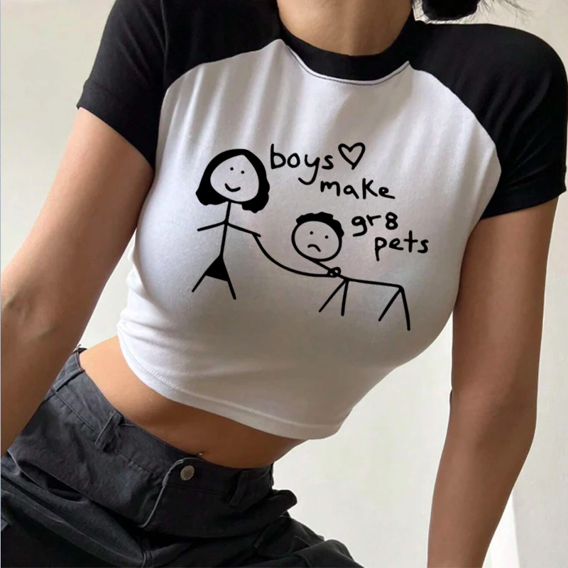 

Funny Streetwear Baby Tee 2000s Y2k Graphics T-Shirt Patchwork Hot Girl Round Neck Tee Crop Tops Navel Raglan Sleeves Vintage