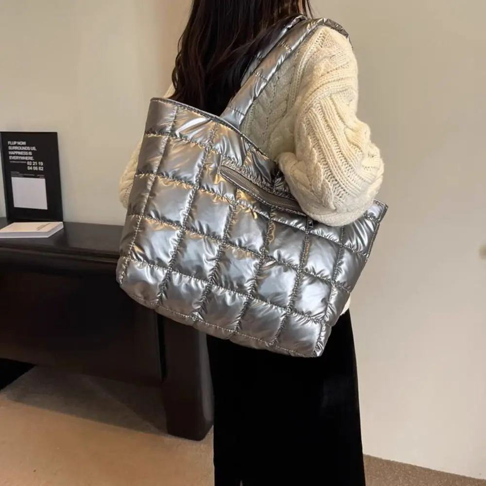 

Korean Style Down Cotton Shoulder Bag Large Capacity Checkered Cotton-padded Tote Bag Space Cotton Solid Color Nylon Handbag