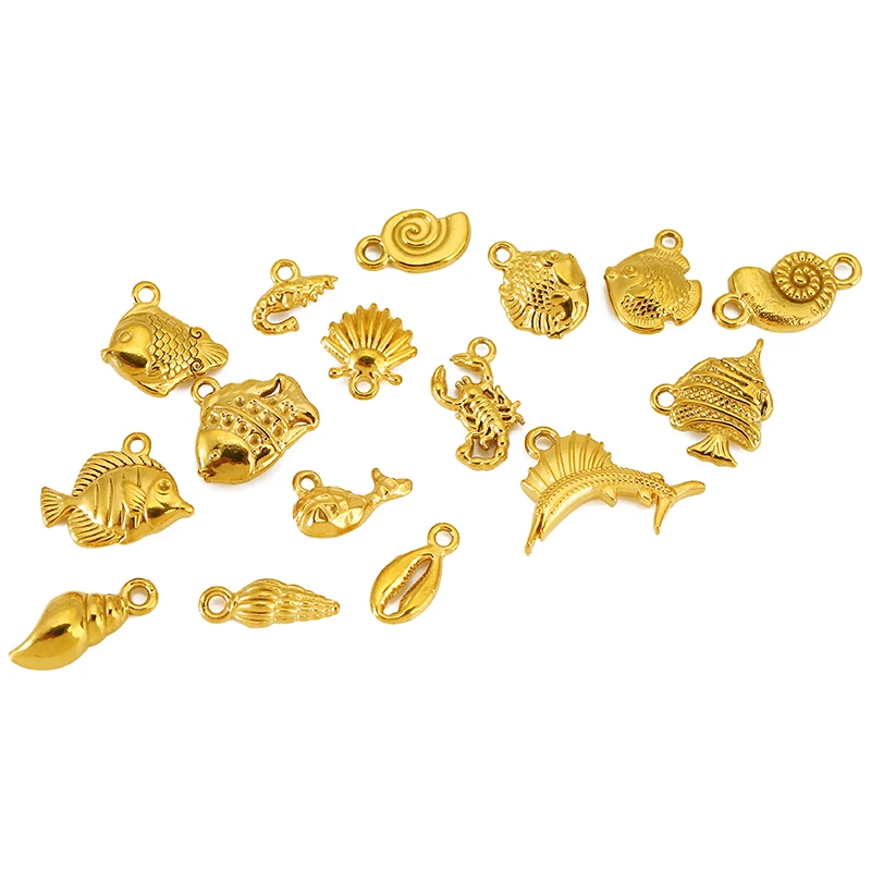 5pcs Stainless Steel Gold Plated Fish/Shrimp/Conch/Shell Charms Pendants for DIY Bracelets Necklace Jewelry Making Accessories