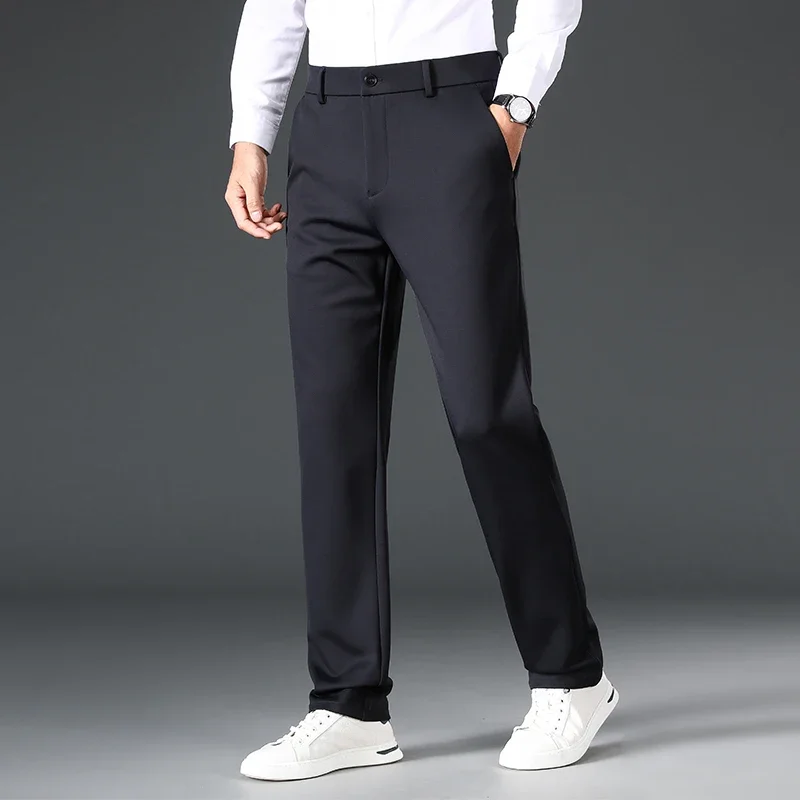 BROWON 2025 Spring Autumn Fashion Pants Men Thicken Elastic Mid Waist Straight Suit Pant Man Work Designer Clothes Men