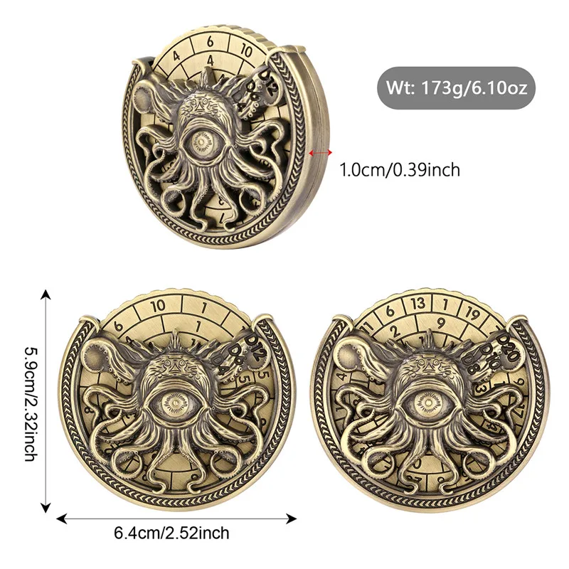 Vintage Octopus Design Dice Spinner 7-In-1 Metal Dice Roller for Role Play Gaming Accessory Party Wedding Gift Set