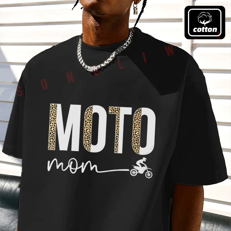 

Moto Mom Leopard Motocross Mom Motocross Mother Men's T Shirt Casual Mens Cotton Round Neck Short Sleeved T-shirt