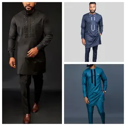 Conjunto de roupas tradicionais masculinas, top e calça de manga comprida, roupa tradicional kaftan, terno étnico e casual, terno de casamento, frisado, 2 unid